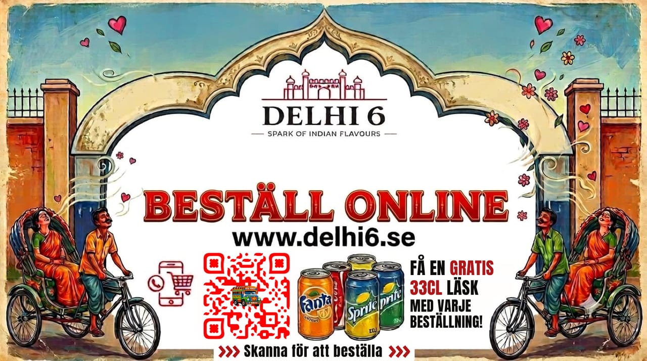 Beställ online på delhi6.se och få en gratis 33 cl läsk med varje beställning. Skanna QR-koden för att beställa.